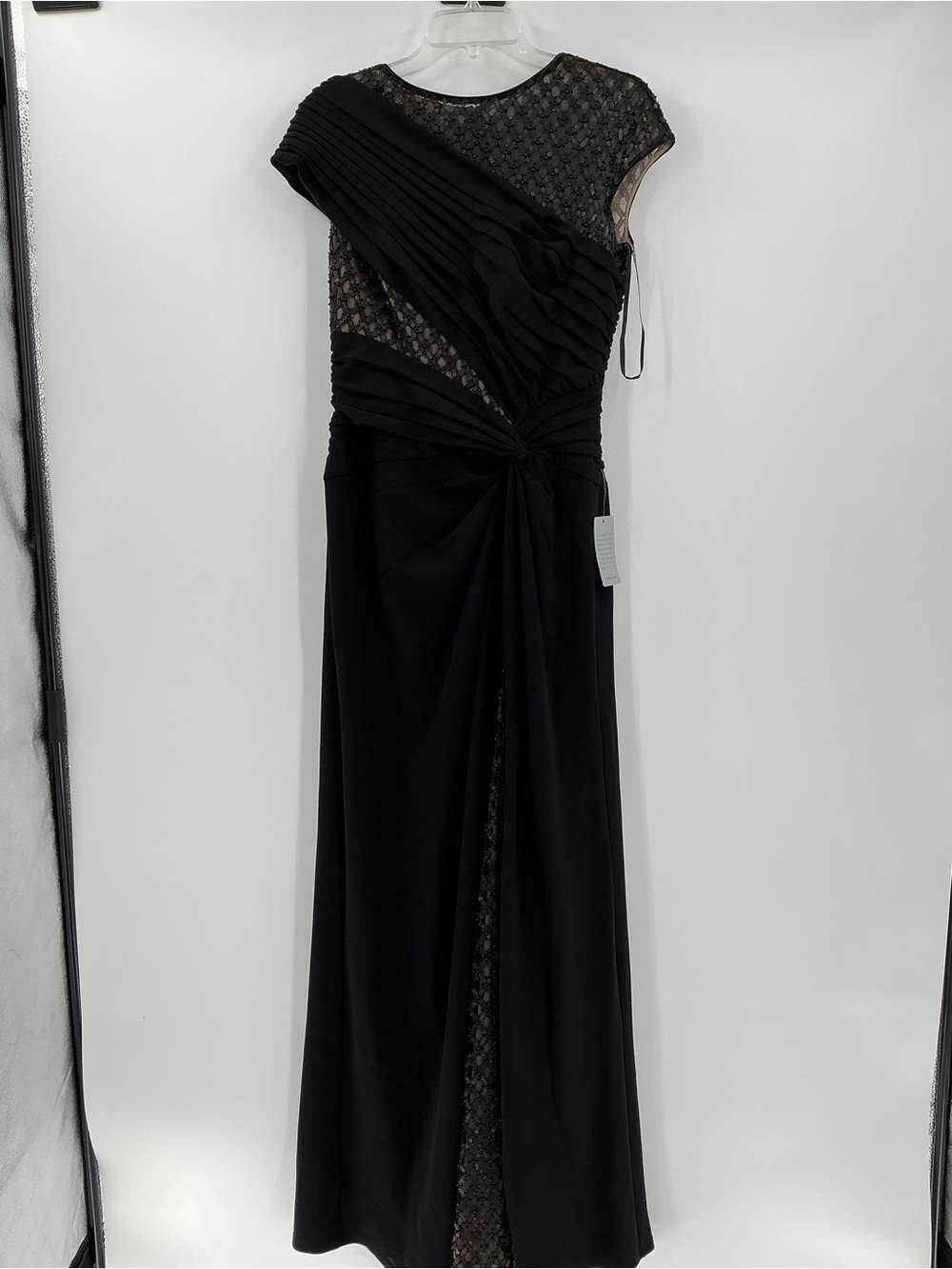 NWT Tadashi Shoji Black Beaded Mesh Draped Size S Jetta Peek-A-Boo Illusion Gown - Picture 2 of 16